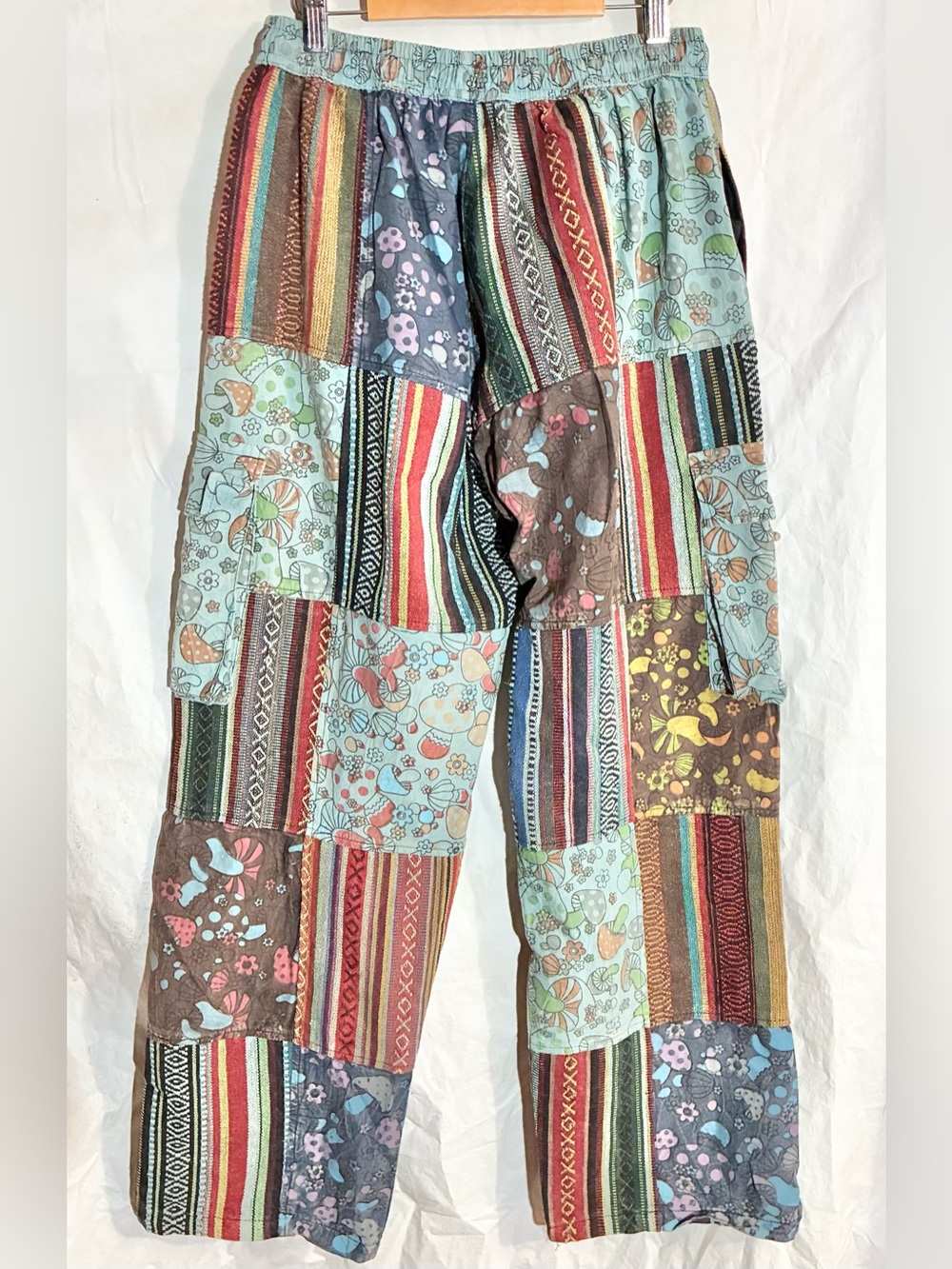 Kathmandu Patchwork Pants S/M Drawstring Mushrooms Pockets Festival Boho Hippie - Picture 3 of 12